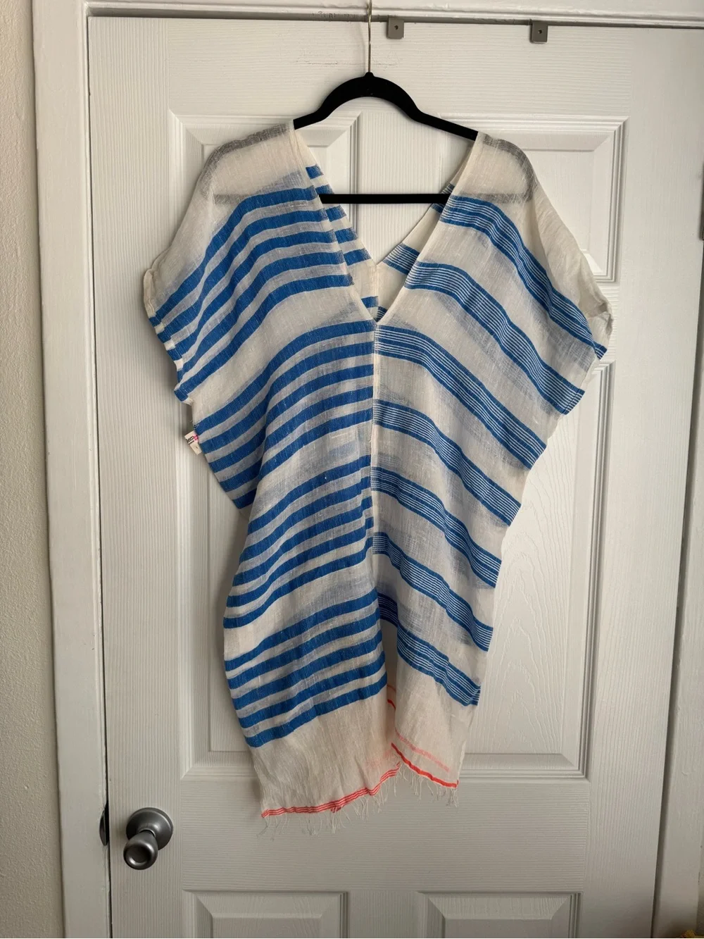 Lemlem Blue & White Handwoven Cotton Blend Beach Cover Up Tunic